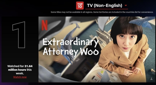 La série télévisée «Extraordinary Attorney Woo» a maintenu sa première place du classement hebdomadaire mondial des programmes télévisés non anglophones disponibles sur le Netflix pour la septième semaine consécutive. (Capture du site Internet Netflix Top 10. Revente et archivage interdits) 