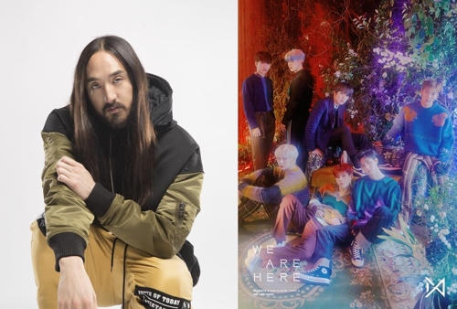 スティーブ・アオキ（左）とのコラボ曲を発表するＭＯＮＳＴＡ　Ｘ（スターシップエンターテインメント提供）＝（聯合ニュース）