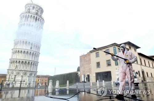 観光客の姿が消えたイタリアの観光名所「ピサの斜塔」＝（ＥＰＡ＝聯合ニュース）