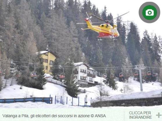 이탈리아 북서부 알프스 산악 지대의 스키 휴양지에서 7일 눈사태가 발생, 2명이 죽고 1명이 실종된 것으로 알려졌다. [ANSA통신 홈페이지 캡처] 
