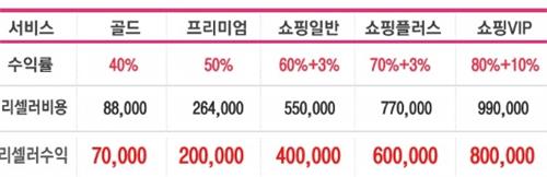 회원 모집형 쇼핑몰 부업 업체의 수익 표