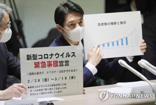 (도쿄 AFP=연합뉴스) 스즈키 나오미치 홋카이도 지사(오른쪽)가 28일 코로나19와 관련해 긴급사태를 선포하고 있다.