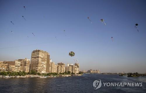 6월 30일(현지시간) 이집트 수도 카이로의 나일강 위를 날고 있는 연들.[EPA=연합뉴스 자료사진]