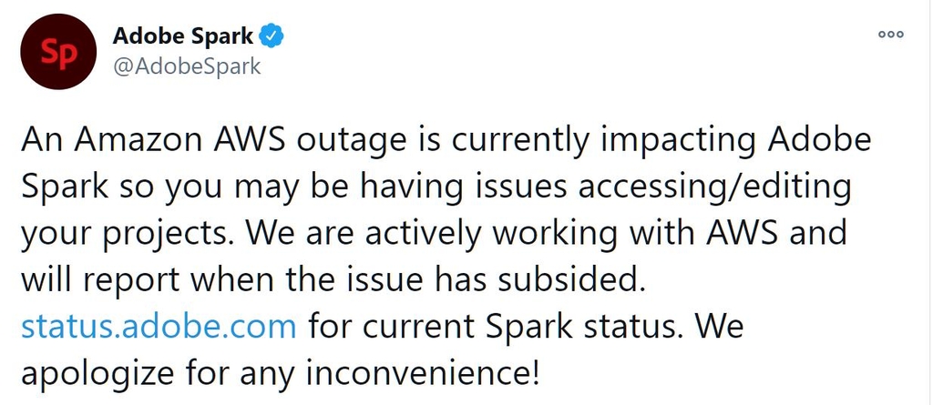 AWS 장애에 따른 접속중단 현상을 공지한 어도비