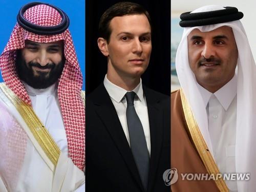 왼쪽부터 무함마드 빈살만 사우디아라비아 왕세자, 재러드 쿠슈너 백악관 선임보좌관, 셰이크 타밈 알사니 카타르 군주[AFP=연합뉴스 자료사진]