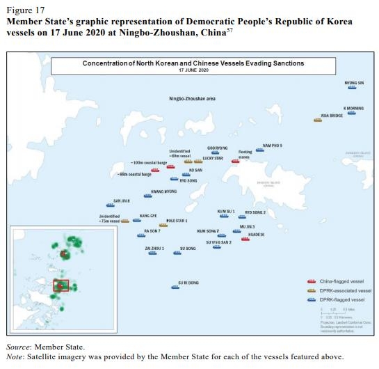 지난해 6월17일 중국 닝보-저우샨 일대에서 포착된 북한 관련 선박들 그래픽