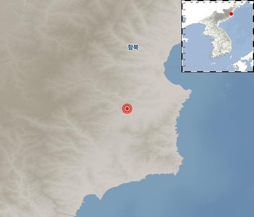 17일 오후 11시 13분께 규모 2.4의 지진이 발생한 북한 함경북도 길주군 북북동쪽 36㎞ 지역. [기상청 제공=연합뉴스]
