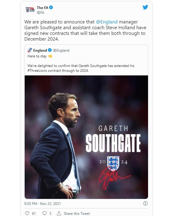 사우스게이트 감독과 계약 연장 소식을 전한 잉글랜드축구협회.
