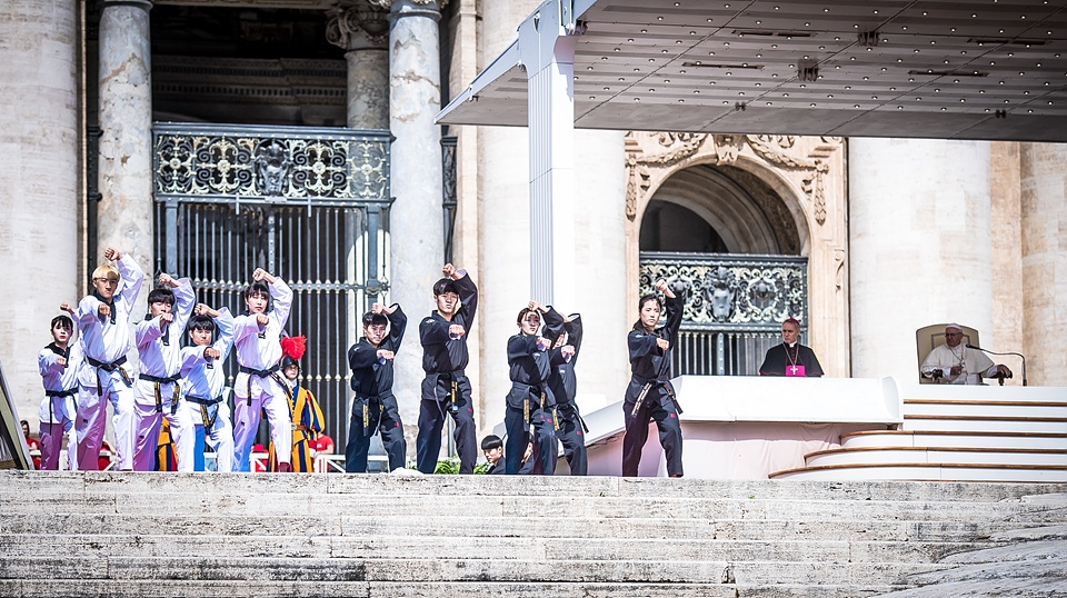 세계태권도연맹 시범단의 성베드로 광장 공연 모습.