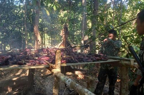 국립공원 순찰대가 모닥불 위에서 구워지고 있는 호랑이 고기를 살펴보는 모습.