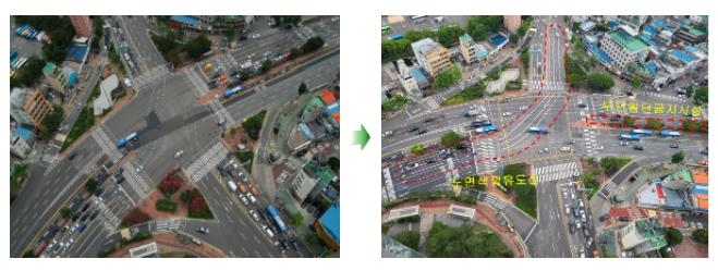 서울특별시 용산구 한강1가 14 삼각지교차로의 개선 전(왼쪽)과 후의 모습 [행정안전부 제공]