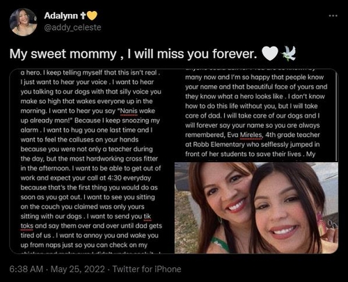 텍사스 총격 희생자인 이바 머렐레스의 딸 애덜린이 올린 트윗