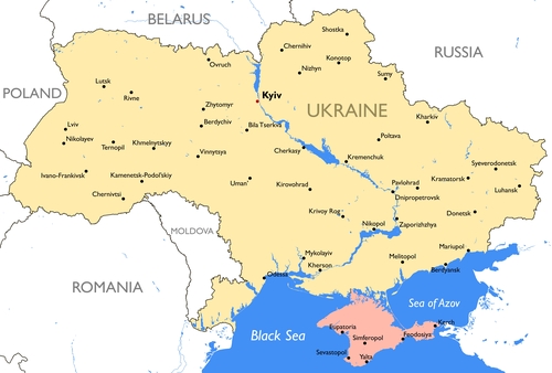 우크라이나를 양분하는 드니프로강(중간 파란선). 맨 하단에 헤르손 지역이 있다.