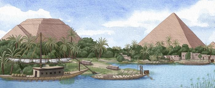 나일강 쿠푸 지류를 활용한 피라미드 건설 상상도 