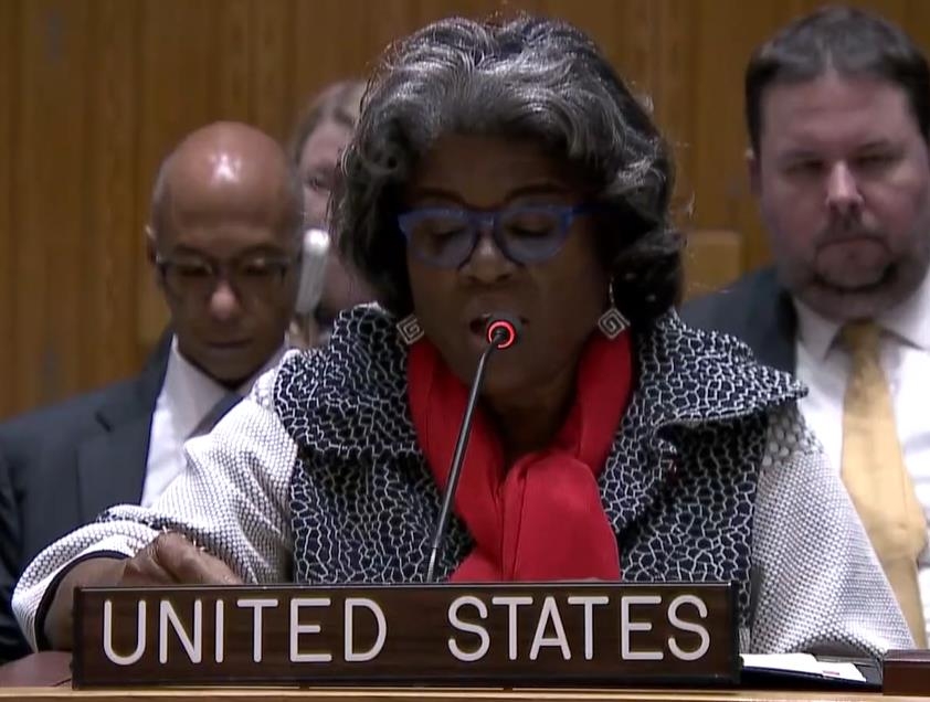 북한 ICBM에 관한 유엔 안보리 회의에서 발언하는 린다 토머스-그린필드 미국대사