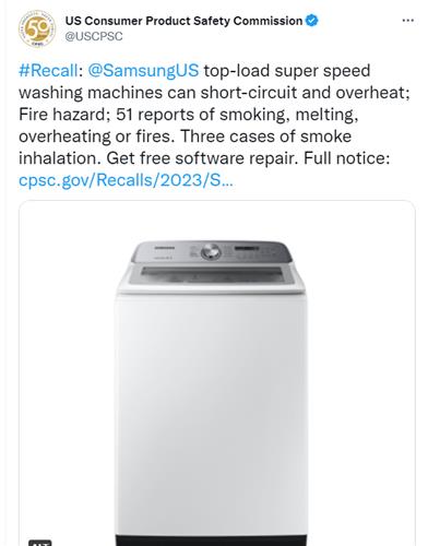 미국 소비자제품안전위원회(CPSC)의 삼성전자 세탁기 리콜 공지