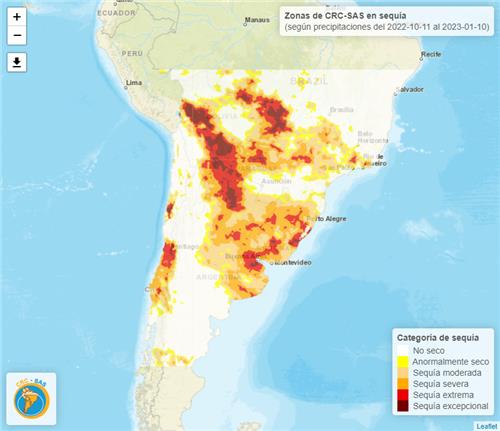 남미 지역 가뭄 지도(붉은색이 짙을 수록 가뭄 정도가 심하다는 뜻)