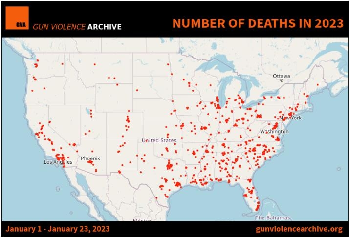 2023년 미국 총기사고 사망자 발생 현황 지도