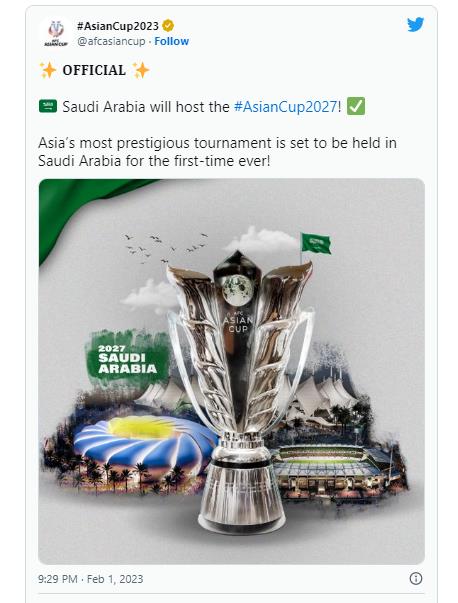 사우디아라비아의 2027년 아시안컵 유치 확정 소식을 전한 AFC.