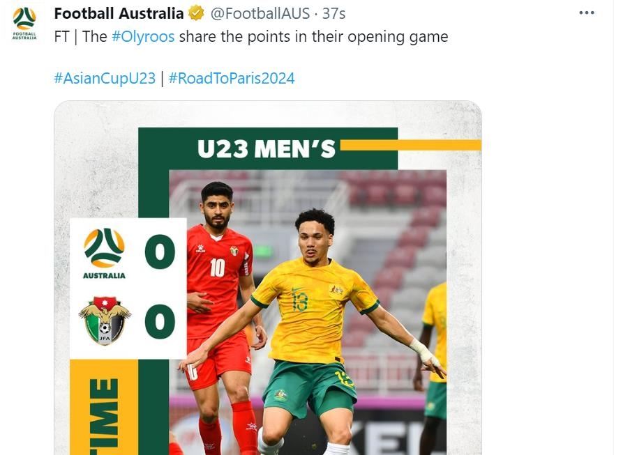 U-23 아시안컵 첫 경기 무승부를 알린 호주축구협회