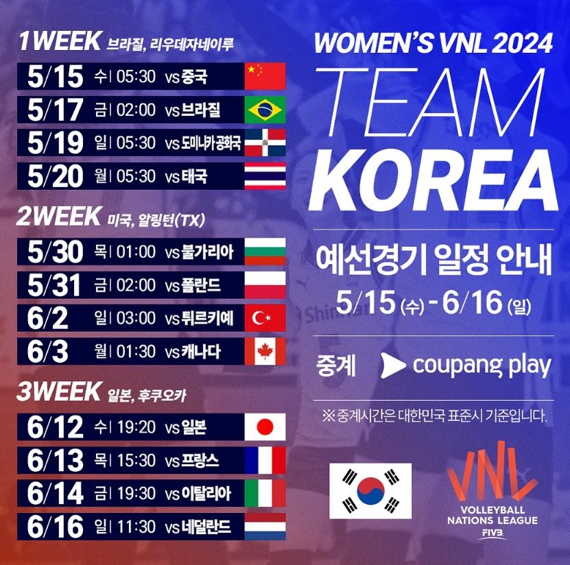 2024 한국 여자배구 VNL 일정