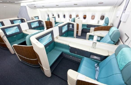 The appearance of the first class cabin of an airplane