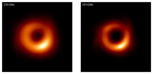 O buraco negro M87 é observado nas frequências de 230 GHz (esquerda) e 345 GHz