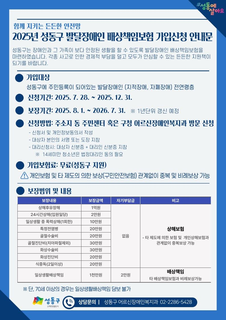 성동구, 최대 1억 보장 '발달장애인 배상책임보험' 첫…
