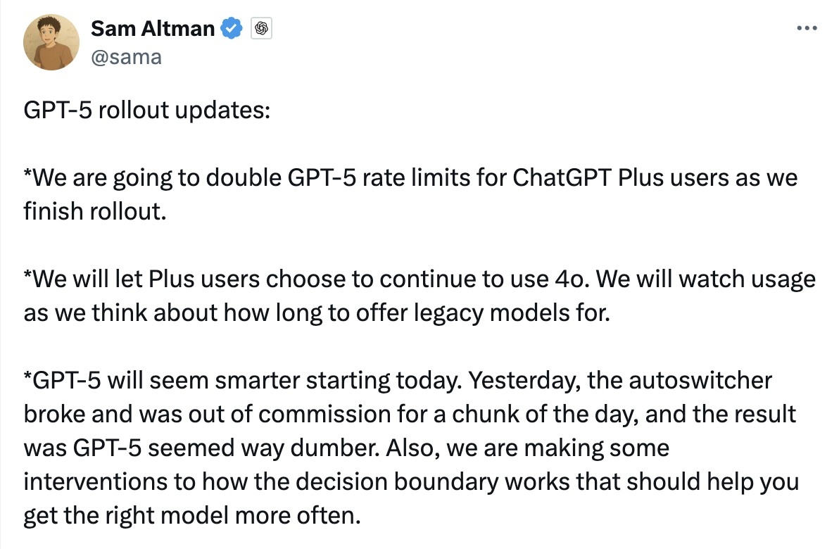 GPT-5의 오류 원인이 '자동전환장치' 고장이었다고 밝히는 샘 올트먼 오픈AI 최고경영자(CEO). [샘 올트먼 엑스(X) 게시물 캡처. 재판매 및 DB 금지]