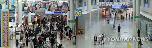 La foto de archivo compuesta, tomada el 21 de enero de 2020 (izda.), y el 21 de enero de 2022, muestra la diferencia de pasajeros en el área de tiendas libres de impuestos en la primera terminal del Aeropuerto Internacional de Incheon, al oeste de Seúl. 