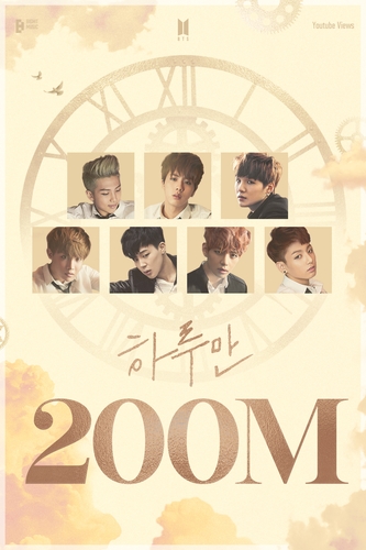 La imagen, proporcionada por Big Hit Music, muestra un póster del grupo masculino de K-pop BTS que celebra los 200 millones de visualizaciones del vídeo musical de "Just One Day", alcanzados el 17 de enero de 2023, en YouTube. (Prohibida su reventa y archivo)