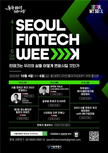 La imagen, proporcionada por el Gobierno Metropolitano de Seúl, muestra el póster promocional de la Semana Fintech de Seúl 2023. (Prohibida su reventa y archivo)