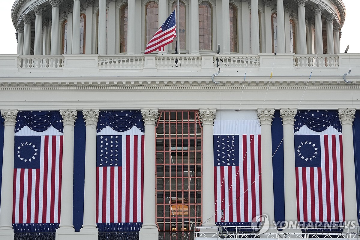 Esta fotografía de archivo, publicada por The Associated Press, muestra banderas colgadas en el frente oeste del Capitolio de Estados Unidos antes de la próxima toma de posesión del presidente electo Donald Trump en Washington, DC, el 12 de enero de 2025. (Yonhap)