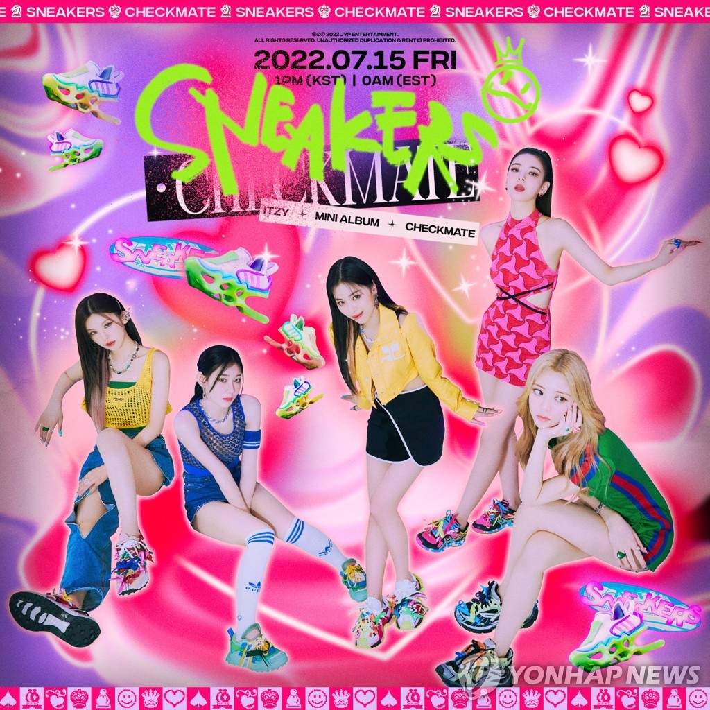 Ci-dessus, une image teaser du cinquième mini-album du girls band de K-pop Itzy, «Checkmate», sorti le 15 juillet 2022. (Photo fournie par JYP Entertainment. Revente et archivage interdits) 