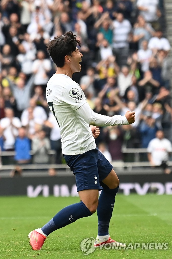 In this AFP photo, Son Heung-min of Tottenham Hotspur celebrates his goal against Watford during the clubs' Premier League match at Tottenham Hotspur Stadium in London on Aug. 29, 2021. (Yonhap)