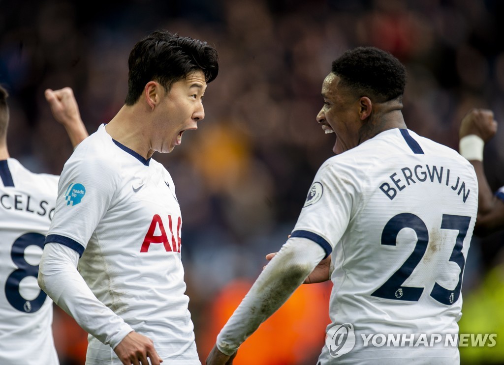 In this EPA photo, Tottenham Hotspur's Son Heung-min (L) and Steven Bergwijn celebrate Son's goal in the club's 3-2 victory over Aston Villa in a Premier League match at Villa Park in Birmingham, England, on Feb. 16, 2020. (Yonhap)