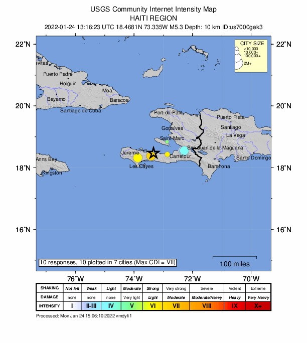 아이티 지진 표시된 미 지질조사국 사이트
