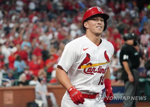 In this UPI file photo from Aug. 16, 2022, Tommy Edman of the St. Louis Cardinals smiles after hitting a solo home run against the Colorado Rockies during the bottom of the fourth inning of a Major League Baseball regular season game at Busch Stadium in St. Louis. (Yonhap)
