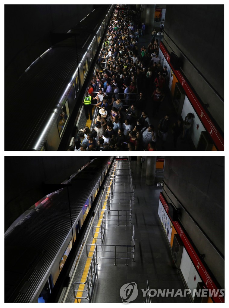 지난 16일의 상파울루 한 지하철역(위)과 봉쇄가 시작된 24일 같은 장소.