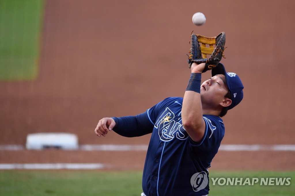 In this USA Today Sports photo via Reuters, Choi Ji-man of the Tampa Bay Rays gets under a fly ball during the top of the fourth inning of Game 5 of the American League Division Series against the New York Yankees at Petco Park in San Diego on Oct. 9, 2020. (Yonhap)