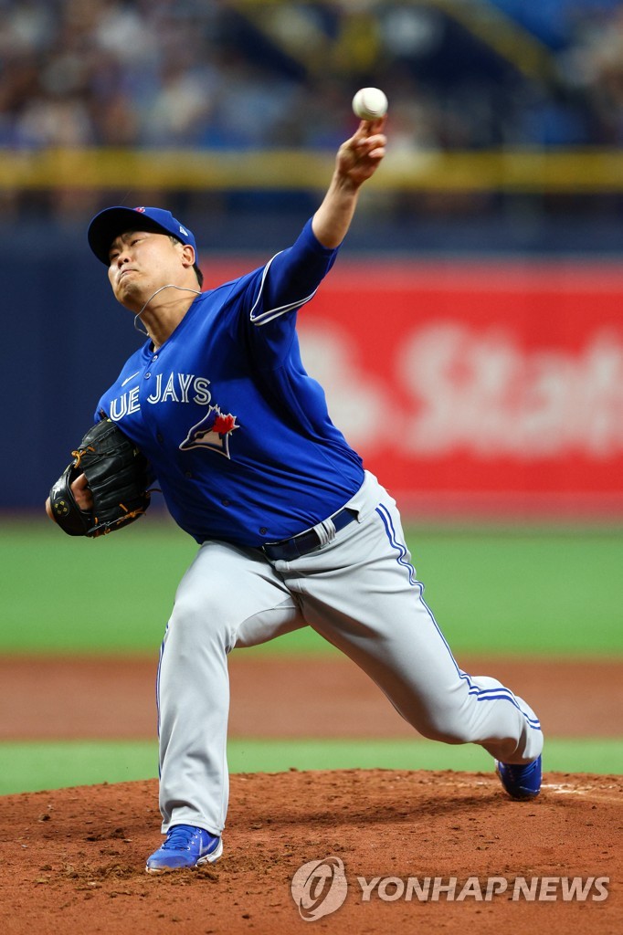 In this USA Today Sports photo via Reuters, Ryu Hyun-jin of the Toronto Blue Jays pitches against the Tampa Bay Rays during the bottom of the second inning of a Major League Baseball regular season game at Tropicana Field in St. Petersburg, Florida, on May 14, 2022. (Yonhap)