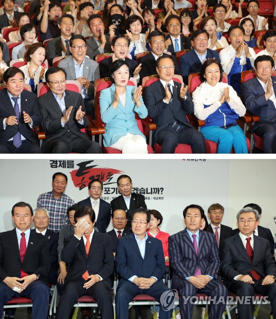 地方選の結果に喜ぶ共に民主党（上）と落胆する自由韓国党（資料写真）＝（聯合ニュース）