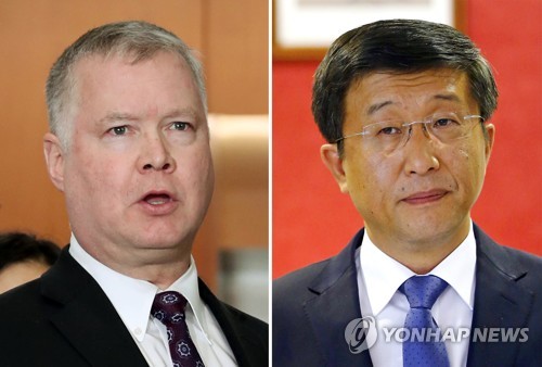 북미 실무협상 대표인 스티븐 비건(왼쪽)과 김혁철