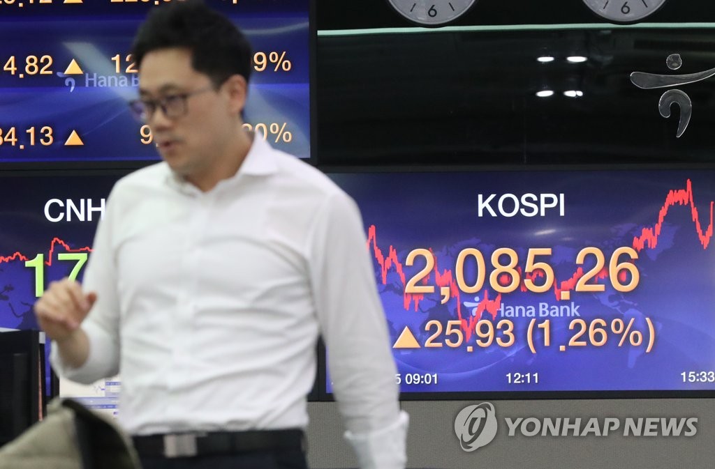 This photo shows the trading room of Hana Bank in downtown Seoul on March 5, 2020. The benchmark Korea Composite Stock Price Index rose 25.93 points, or 1.26 percent, to 2,085.26. (Yonhap)