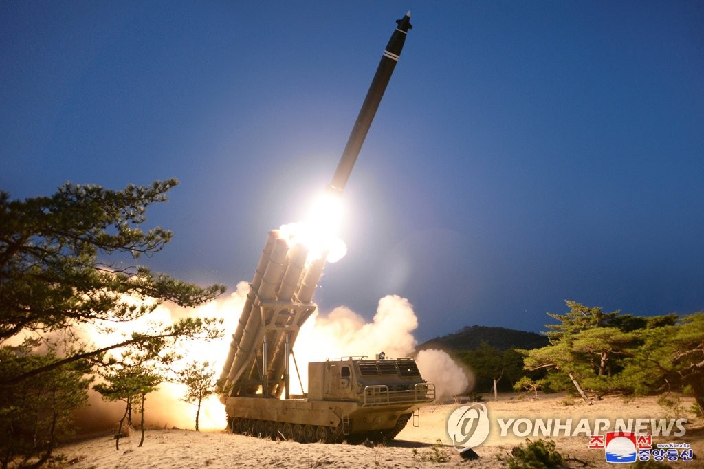 This photo, released by North Korea's official Korean Central News Agency on March 30, 2020, shows the North testing "super-large" multiple rocket launchers the previous day. The report came one day after South Korea's military said the North fired what appeared to be two short-range ballistic missiles. (For Use Only in the Republic of Korea. No Redistribution) (Yonhap)