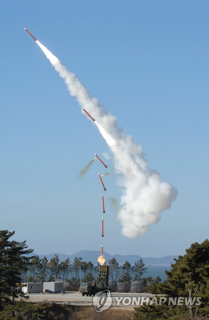 In this undated photo, provided by the Defense Acquisition Program Administration, a guided missile is fired from a launcher of the Cheongung anti-aircraft missile defense system. On April 28, 2020, the arms procurement agency said the delivery of Cheongung, the first indigenously developed mid-range surface-to-air guided missile, to the military was completed in the month. (PHOTO NOT FOR SALE) (Yonhap) 