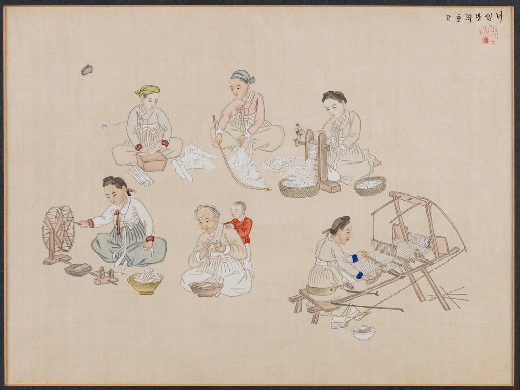 This image provided by the National Folk Museum of Korea shows a genre painting titled "Cotton-Spinning Women" by Joseon era painter Kim Jun-geun, better known as Gisan. The museum will hold a special exhibition on the works of Gisan from May 20-Oct. 5, 2020. (PHOTO NOT FOR SALE) (Yonhap) 