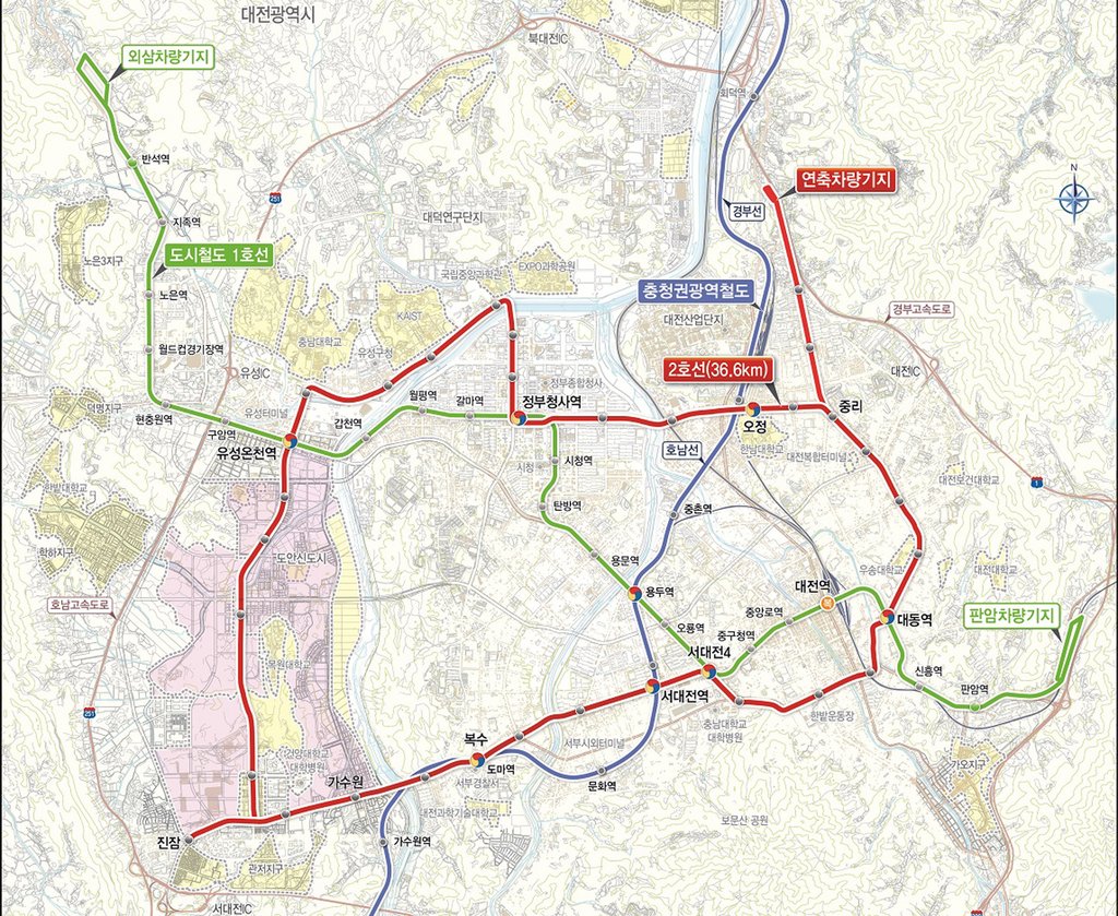대전 트램 노선도와 충청권 광역철도 노선