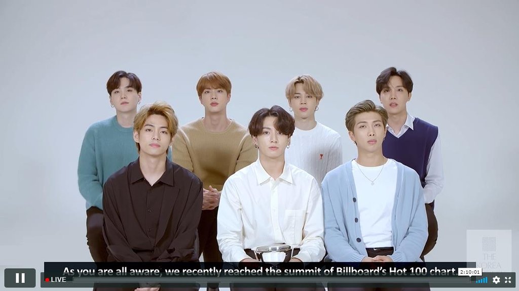 This screenshot from an online gala held by the Korea Society on Oct. 7, 2020, shows BTS sharing a message after receiving the Van Fleet Award for its contributions to Seoul-Washington relations. (PHOTO NOT FOR SALE) (Yonhap)