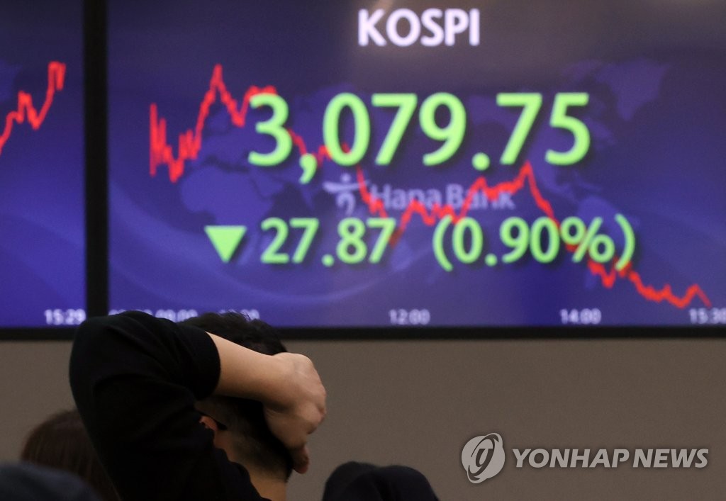 Electronic signboards at a Hana Bank dealing room in Seoul show the benchmark Korea Composite Stock Price Index (KOSPI) closed at 3,079.75 points on Feb. 22, 2021, down 27.87 points or 0.9 percent from the previous session's close. (Yonhap)